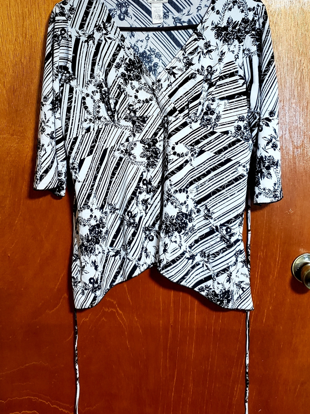 Black & White Floral Stripe Wrap Tunic with Side Tie